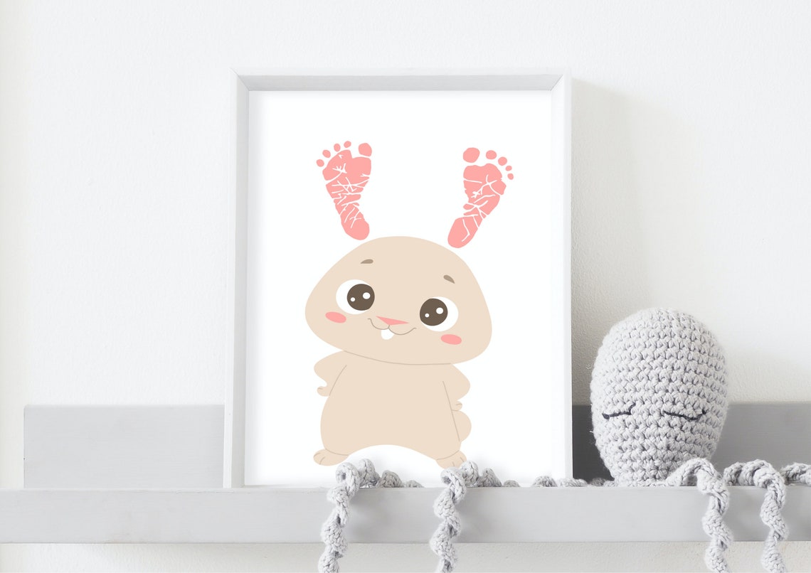 Cute Beige Bunny Pink Footprint Ears Nursery Baby Keepsake Art Poster - Image 2