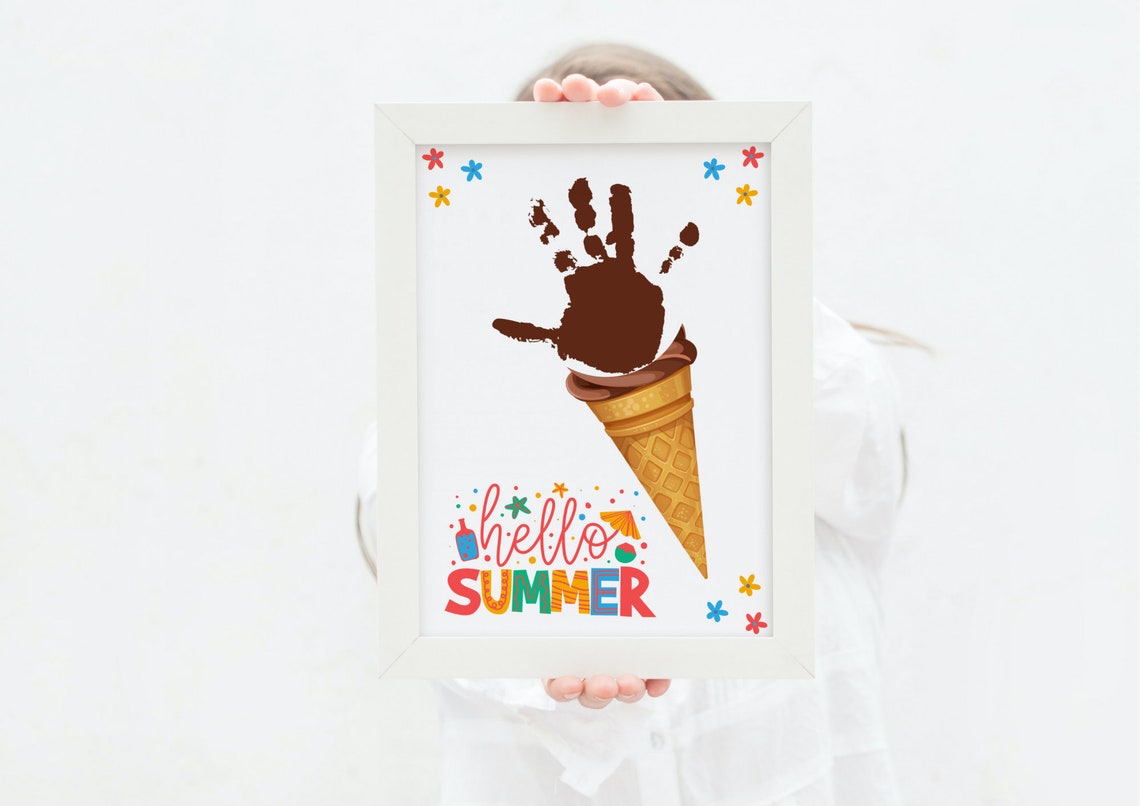 Hello Summer Handprint Ice Cream Cone Colorful Kids Decor Art Poster - Image 3