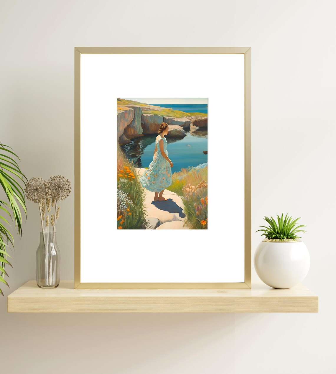 Woman By Rocky Cove Calm Blue Water Scenic Coastal Art Poster - Image 4