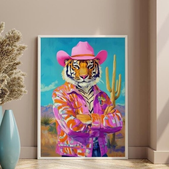 Cowgirl Tiger Art Print Trendy Preppy Wall Decor In Cowboy Hat Western Girly Home Maximalist Poster