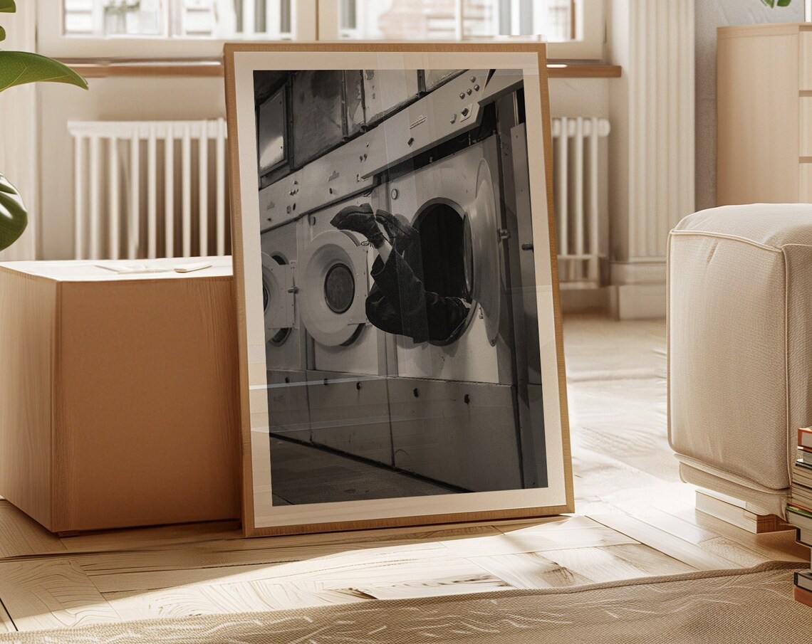 Quirky Laundromat Washing Machine Photo Black White Urban Poster