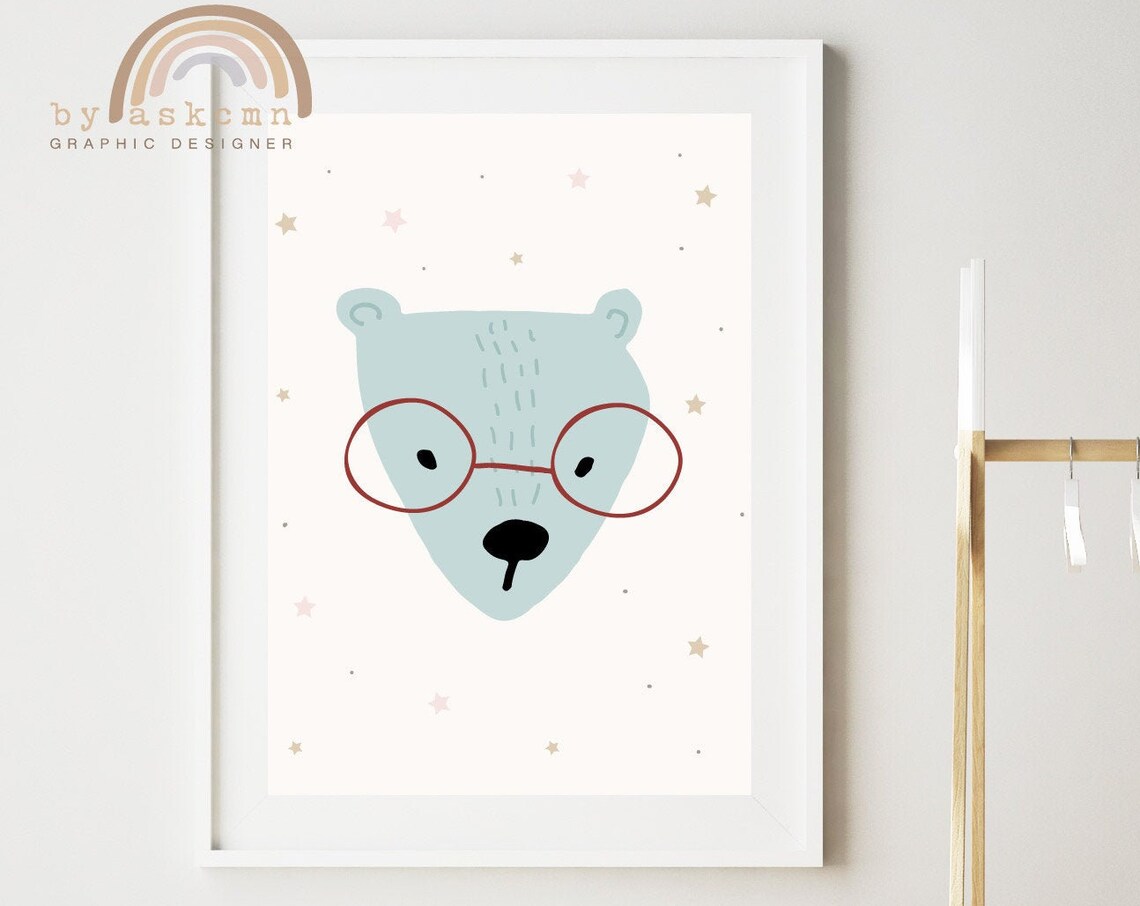 Mint Bear Red Round Glasses Cute Nursery Animal Wall Decor Poster - Image 5