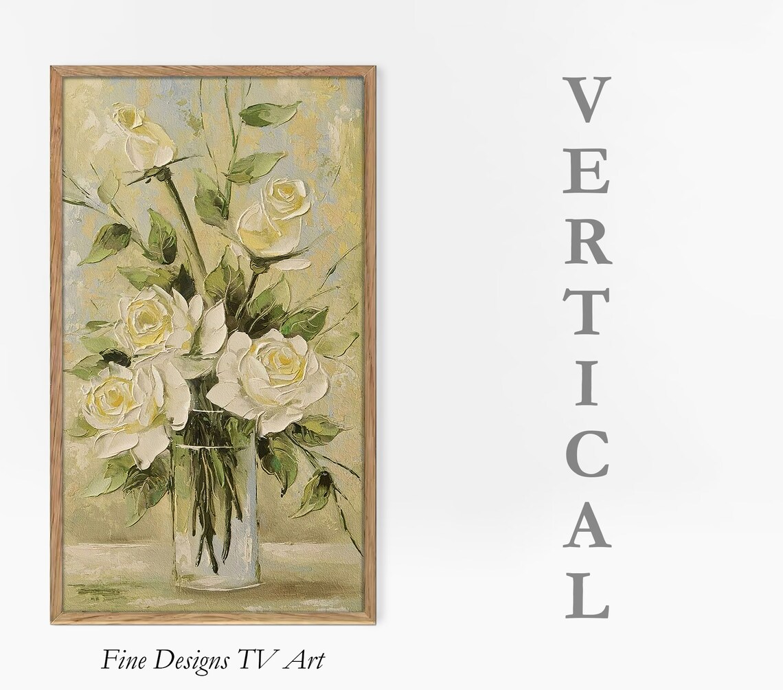 White Roses in Glass Vase Vertical Vintage Oil Painting Floral Poster