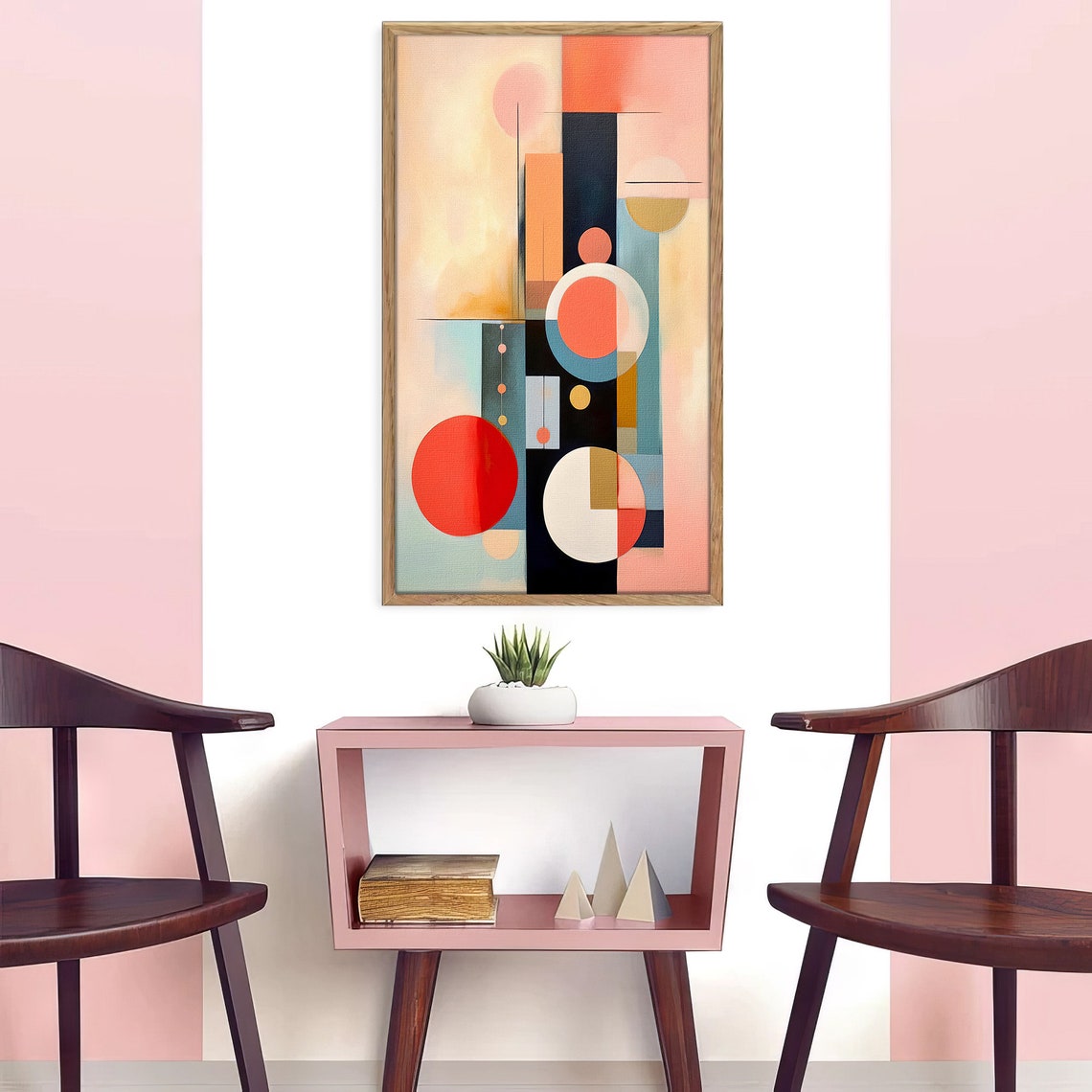 Vertical Mid Century Geometric Circles Rectangles Coral Navy Art Print - Image 3
