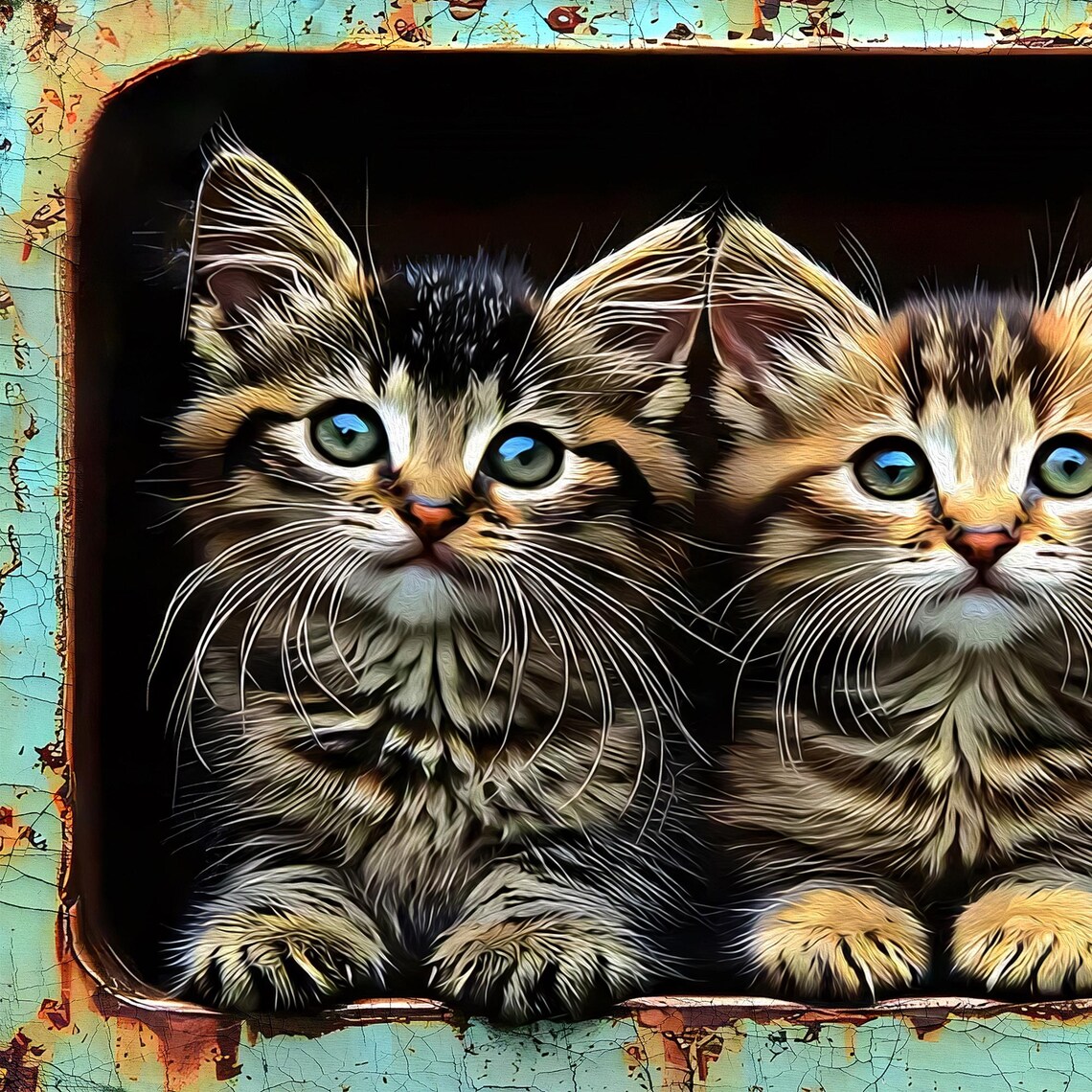 Adorable Tabby Kittens Peek Trio Rustic Vintage Cat Art Poster - Image 3