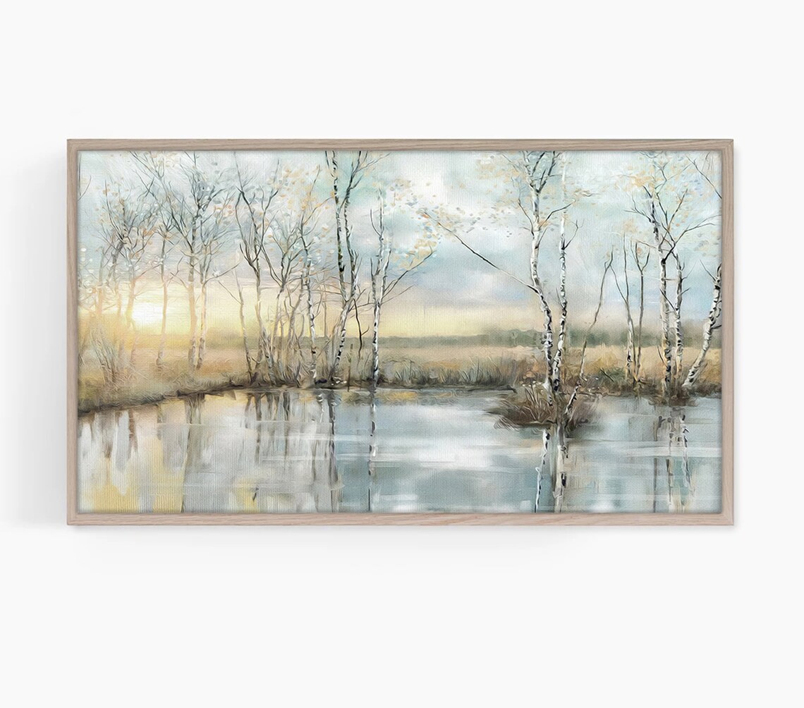 Frame Tv Art Stunning Sunrise By The Lake Birch Trees Light Haze Landscape Painting Morning Mood