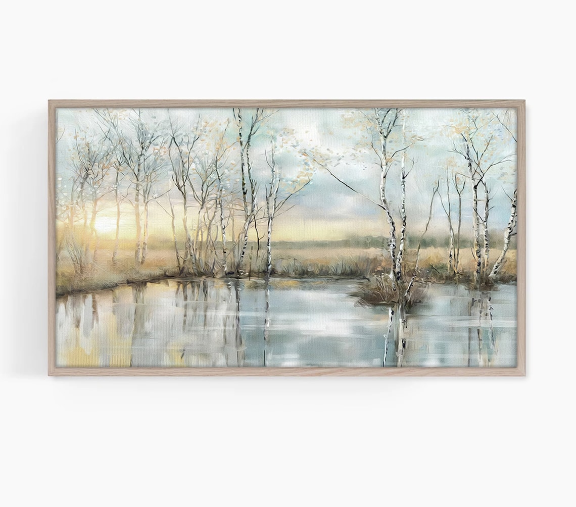 Peaceful Sunrise Lake Birch Trees Golden Mist Morning Landscape Poster