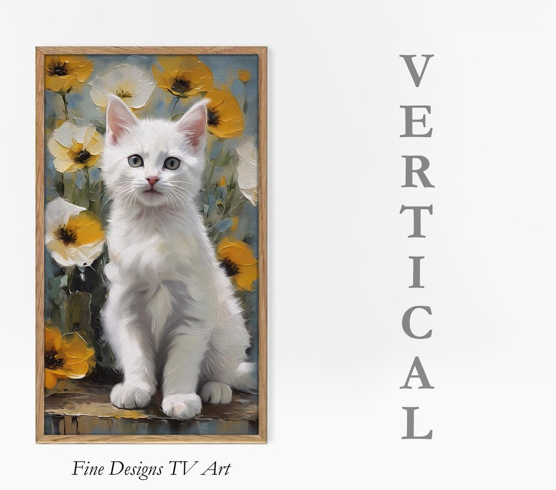 White Kitten Yellow Poppies Vertical Oil Painting Cat Floral Art Print