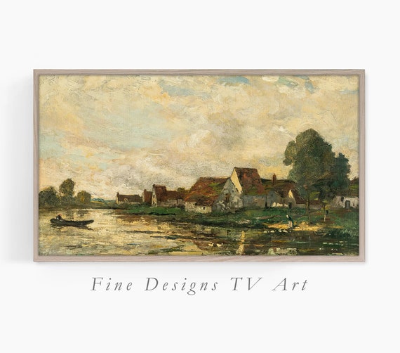 Frame Tv Art Evening At The Lake Antique Oil Painting Vintage Landscape Artwork