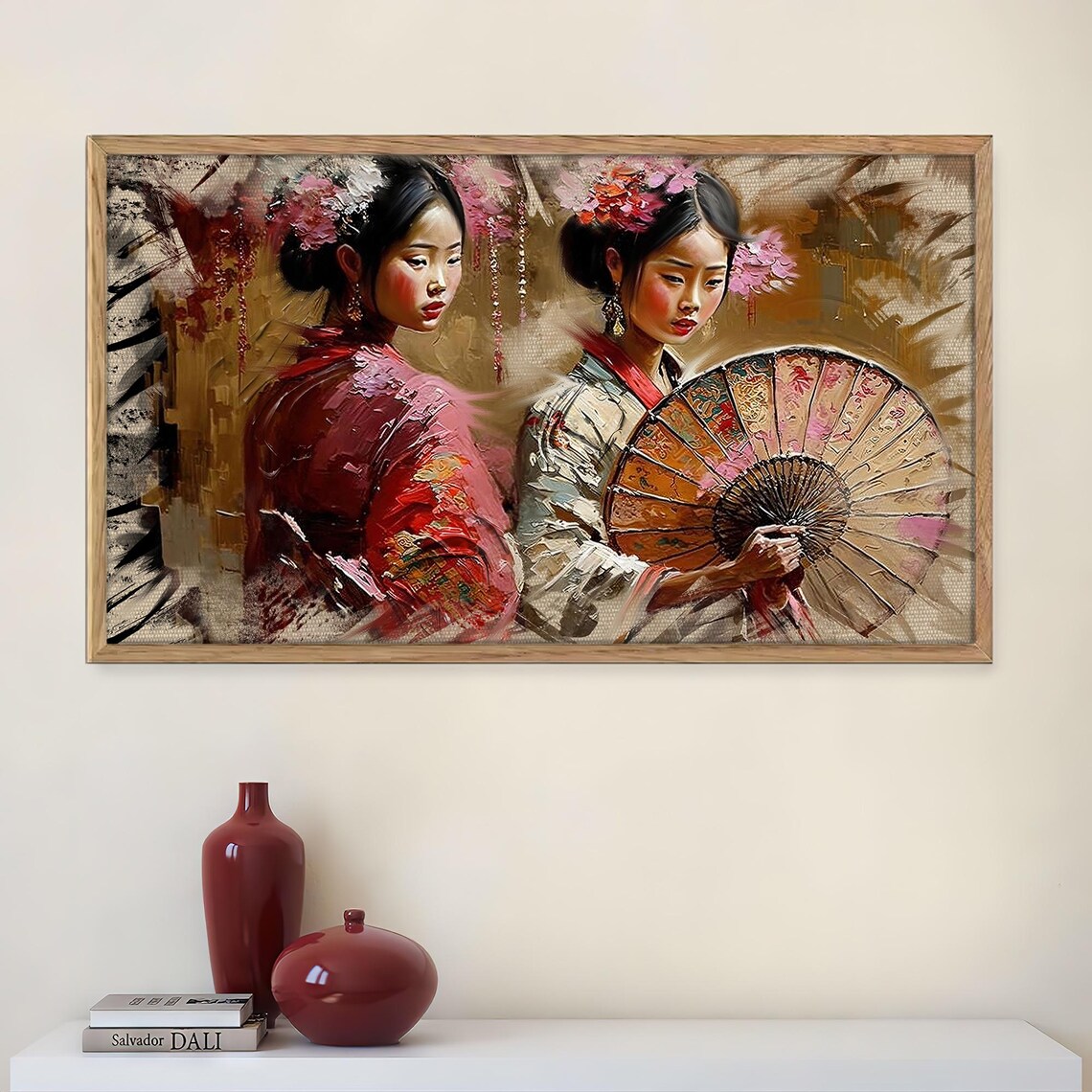 Japanese Geisha Portrait Fan Cherry Blossom Rich Impasto Oil Art Print - Image 2