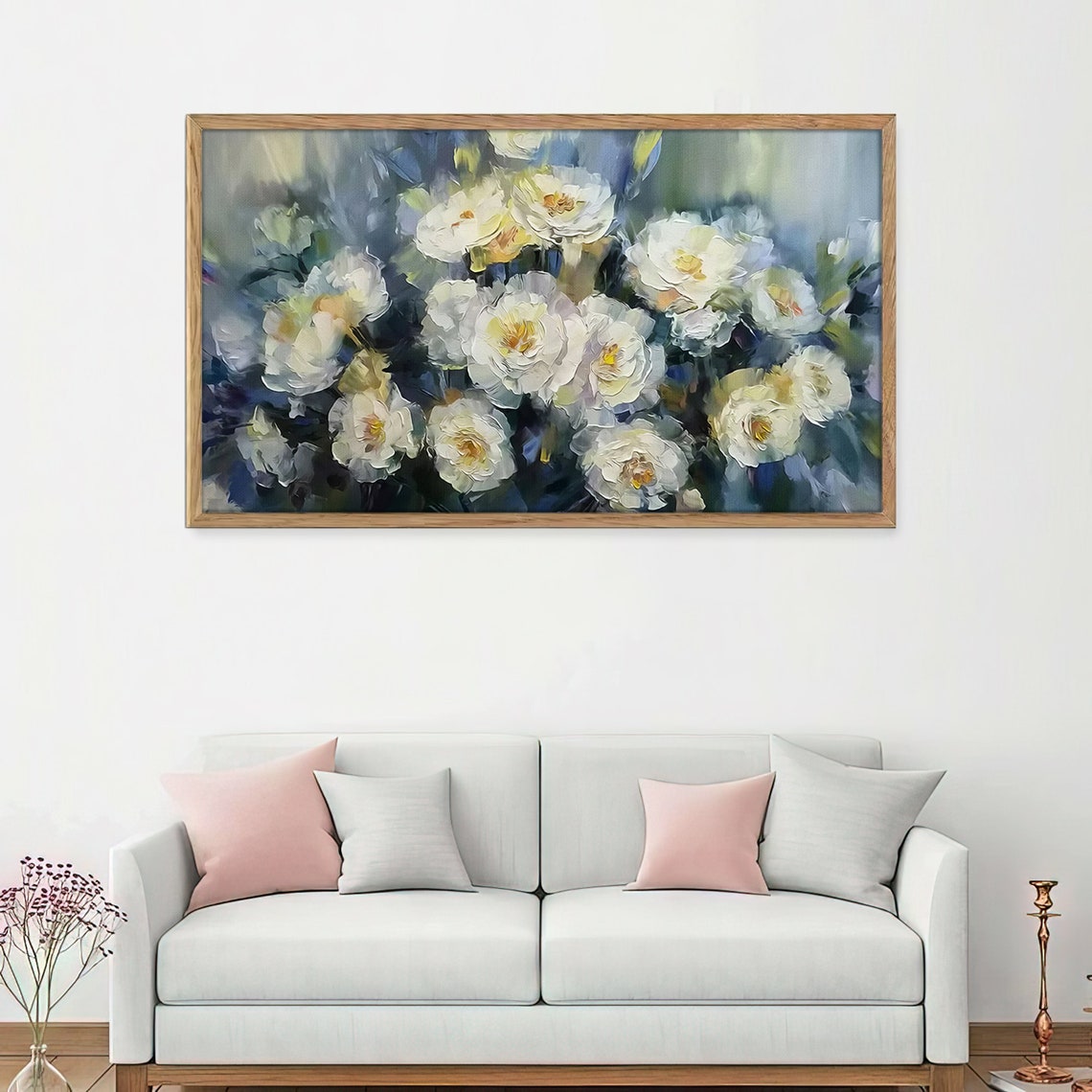White Peony Textured Bouquet Blue Green Elegant Spring Art Poster - Image 4