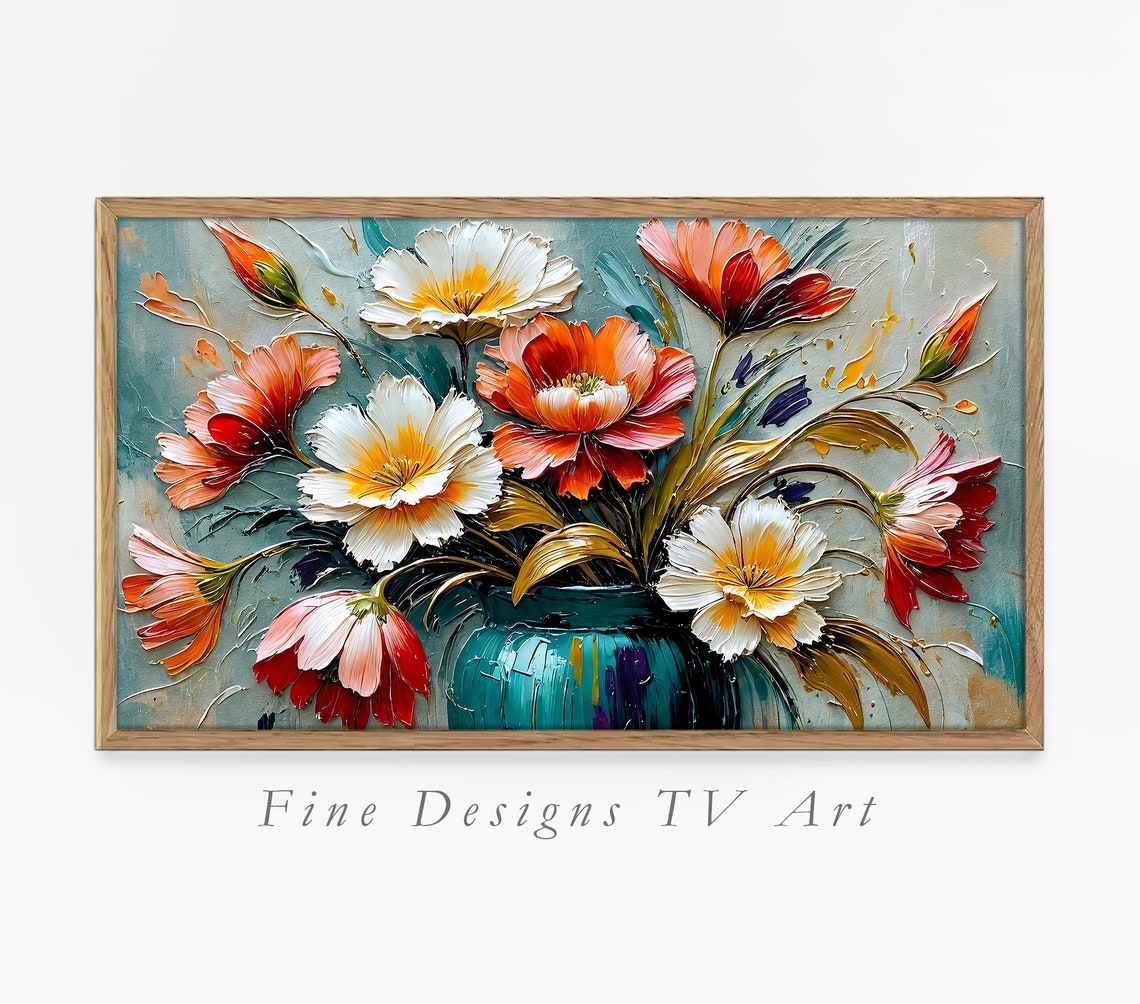 Orange White Poppy Bouquet Teal Vase Textured Oil Still Life Print