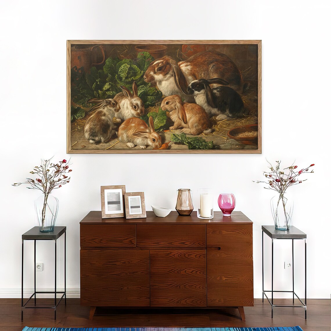 Rabbit Family Vintage Oil Painting Cute Bunny Stable Scene Art Print - Image 4