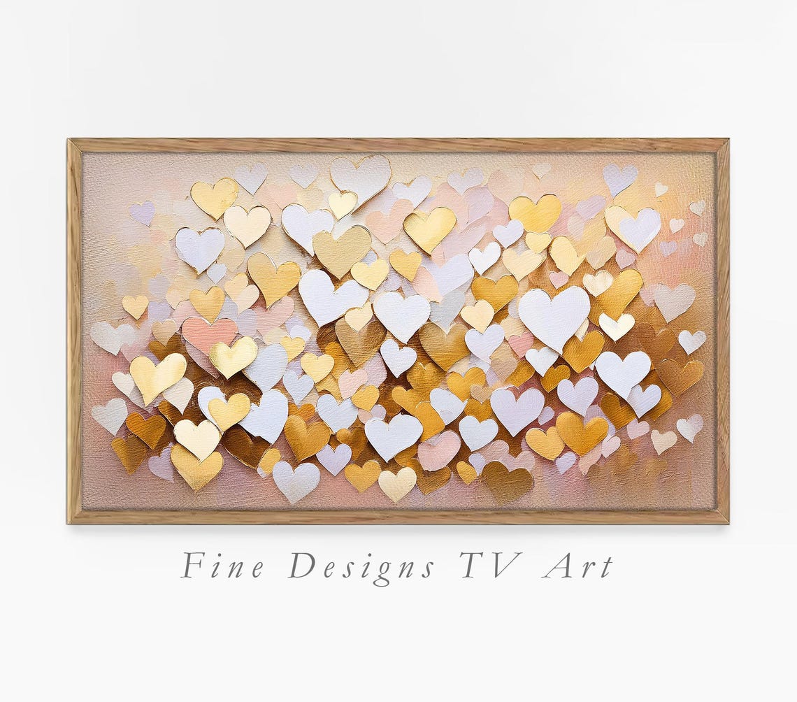 Gold White Heart Confetti Abstract Love Painting Romantic Wall Art