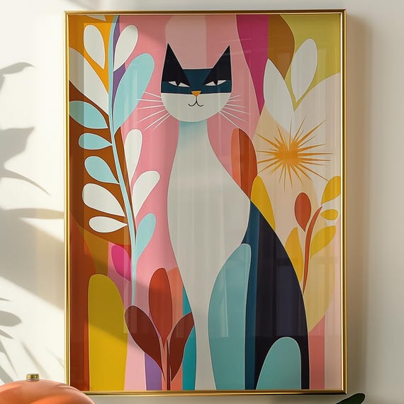 Modern Cat Wall Art Abstract Colorful Feline Artwork Mid Century Inspired Cat Print Pet Decor Bold Cat Print