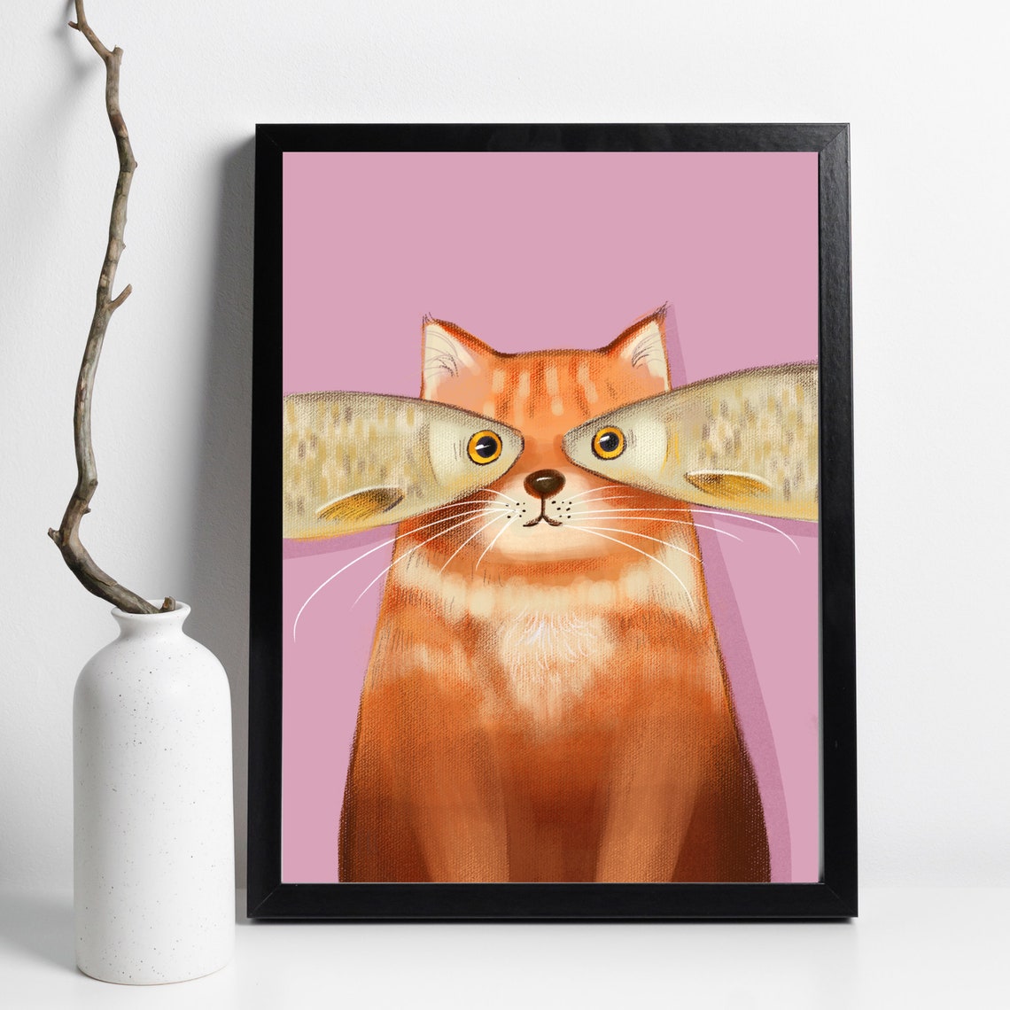 Funny Orange Cat Fish Over Eyes Whimsical Pink Cat Art Poster - Image 4