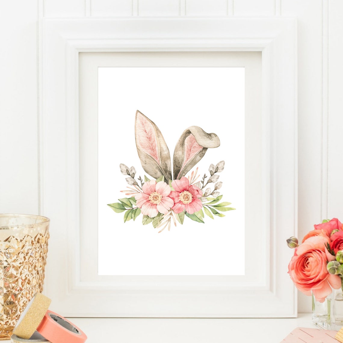 Floral Bunny Ears Pink Blossoms Greenery Easter Watercolor Print