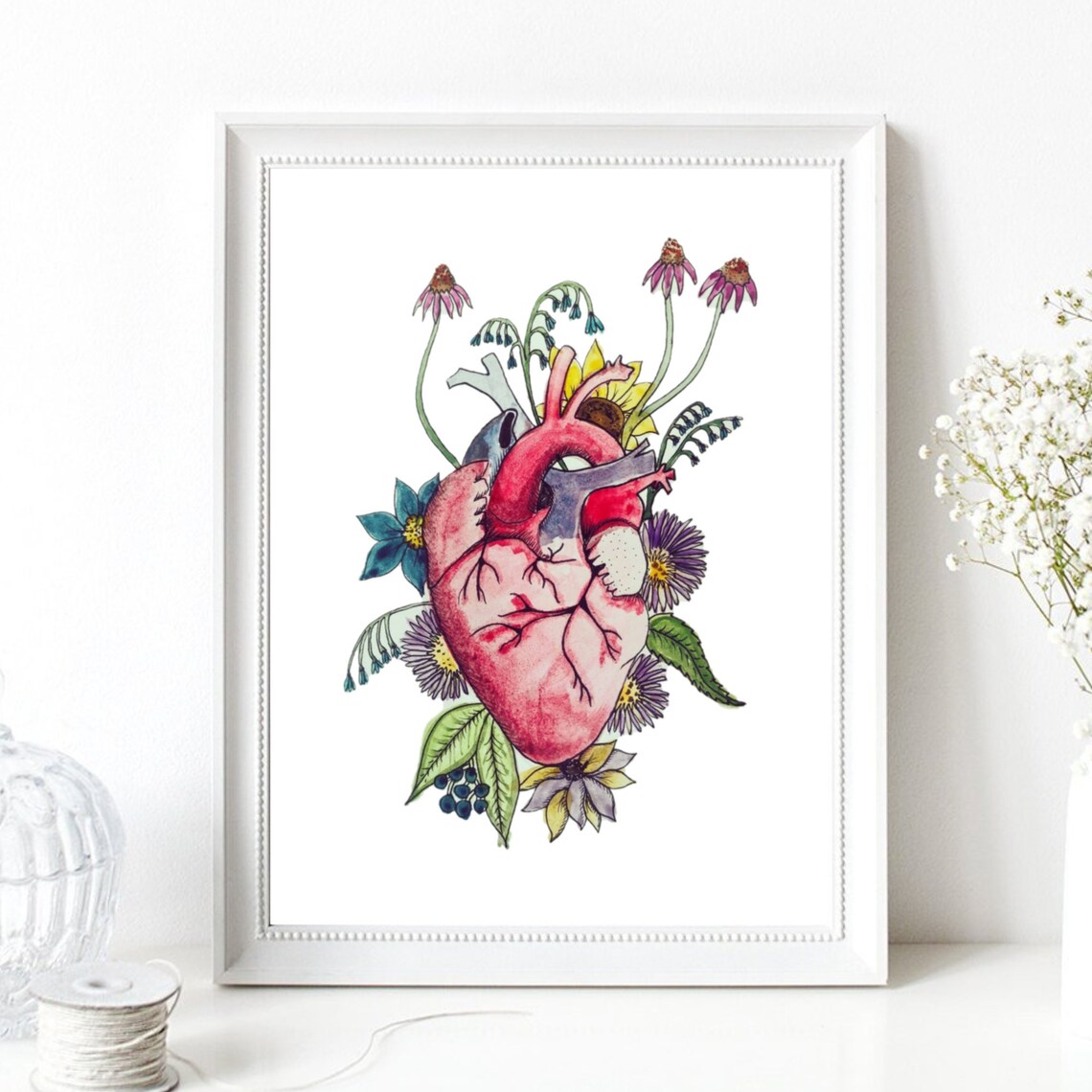 Floral Anatomical Human Heart Watercolor Botanical Wall Art Print - Image 2