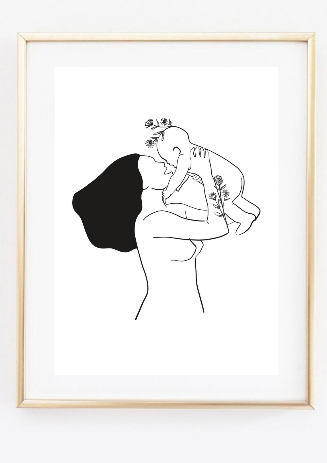 Mother Kissing Baby Lifted High Floral Minimalist Line Art Wall Art - Image 2
