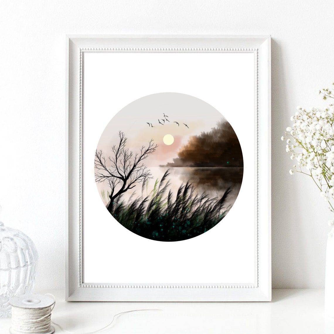 Circular Sunset Lake Birds Reeds Watercolor Round Nature Art Print