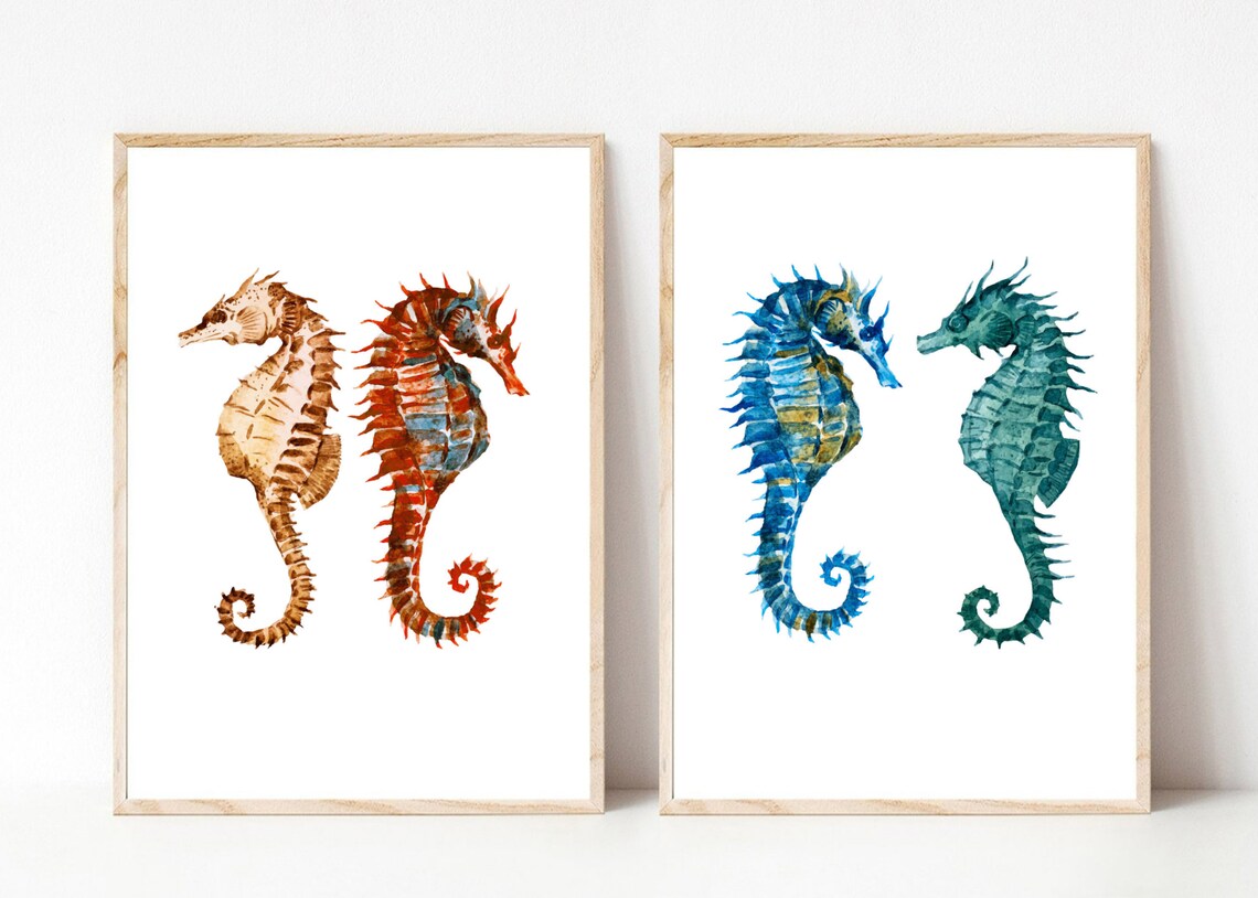 Set of Two Watercolor Seahorse Prints Coastal Nautical Wall Art Poster