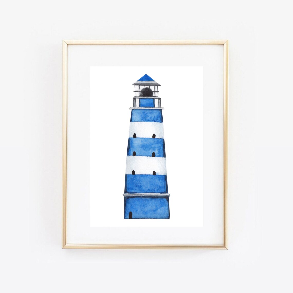 Blue Striped Lighthouse Watercolor Coastal Maritime Wall Art Print