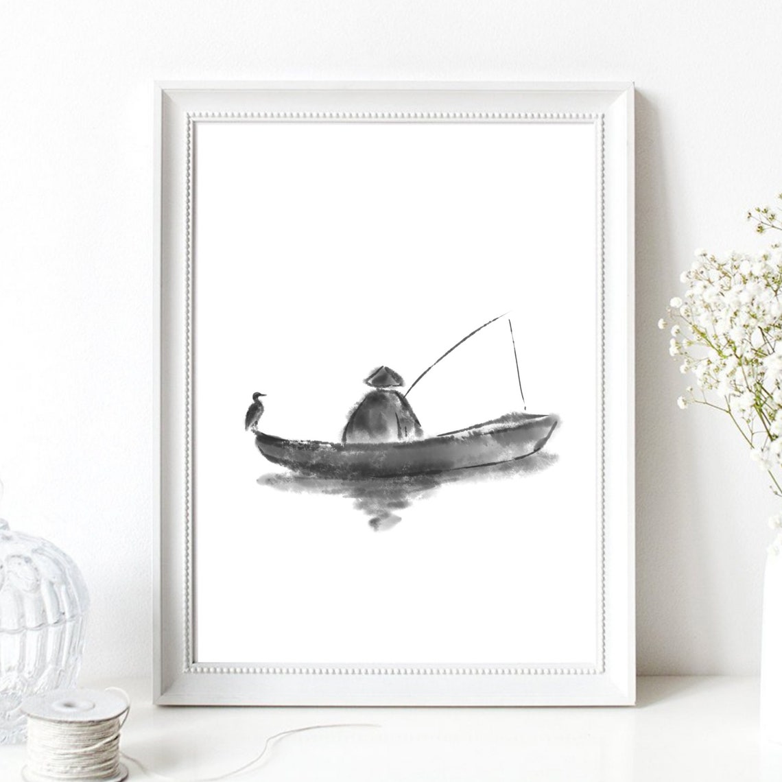 Din A4 Art Print Without Frame Angler Cormorant Fisherman Fisherman Fishing Boat Fishing Ink Watercolor Asian Painting Poster