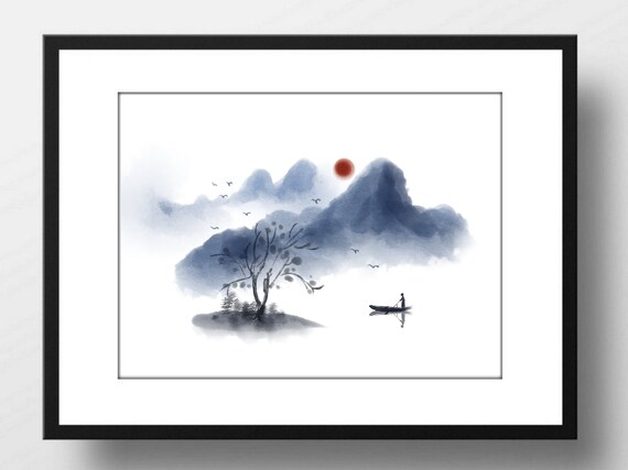 Din A4 Art Print Din A4 Without Frame Asian Landscape Lake Fisherman Boat China Japan Mountains Sun Asia Ink Print Image