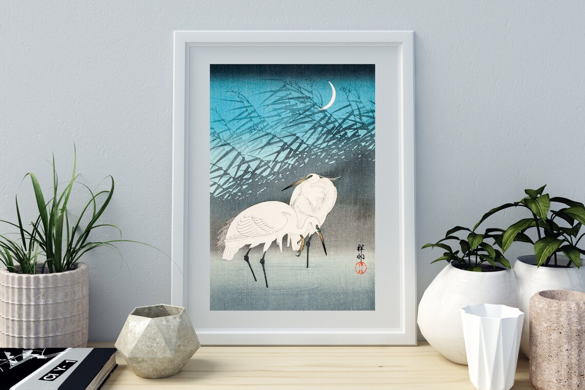 White Egrets Crescent Moon Reeds Japanese Woodblock Bird Art Print