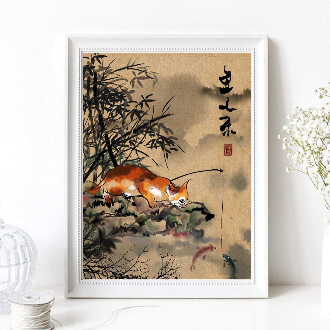 Cat Fishing at the Pond Asian Ink Painting Bamboo Koi Art Print