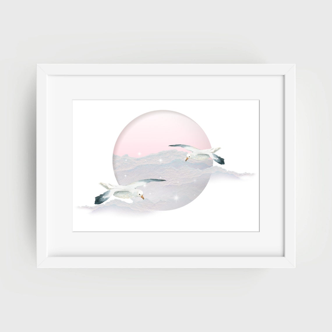 Flying Seagulls Pink Moon Watercolor Dreamy Coastal Art Poster - Image 2