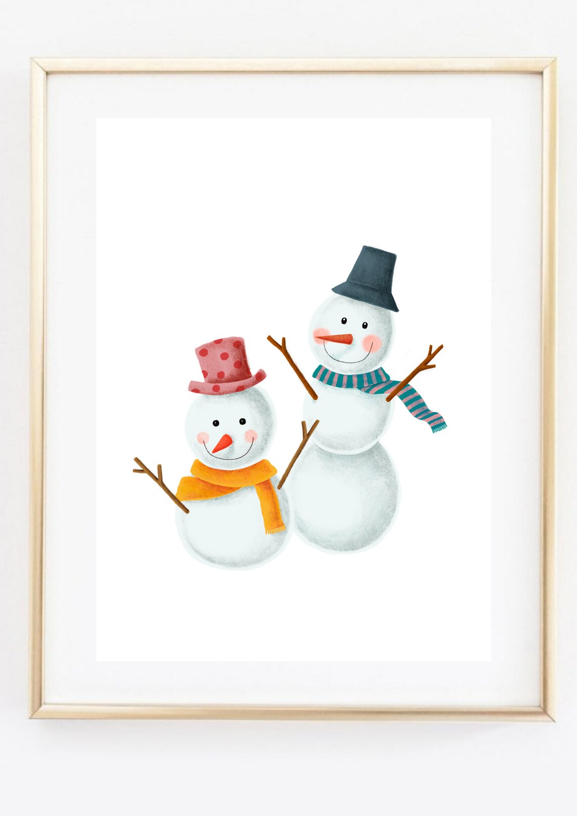 Cute Snowmen Couple Winter Watercolor Christmas Holiday Wall Art - Image 2