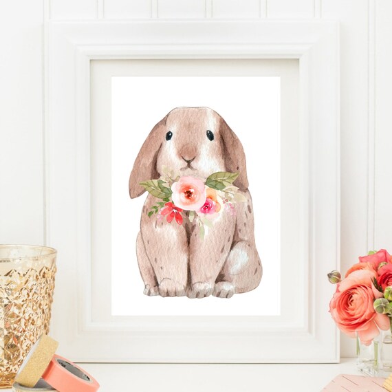 Bunny Rabbit Flowers Watercolor Cute Lop Eared Baby Nursery Wall Art