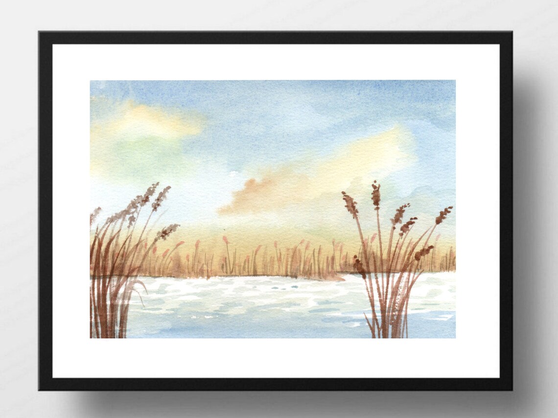 Watercolor Lake With Reeds Golden Sunset Calm Nature Art Print Poster