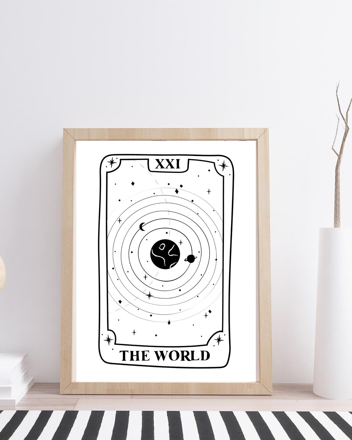 The World Tarot Card XXI Celestial Line Art Black White Mystical Wall Poster - Image 2