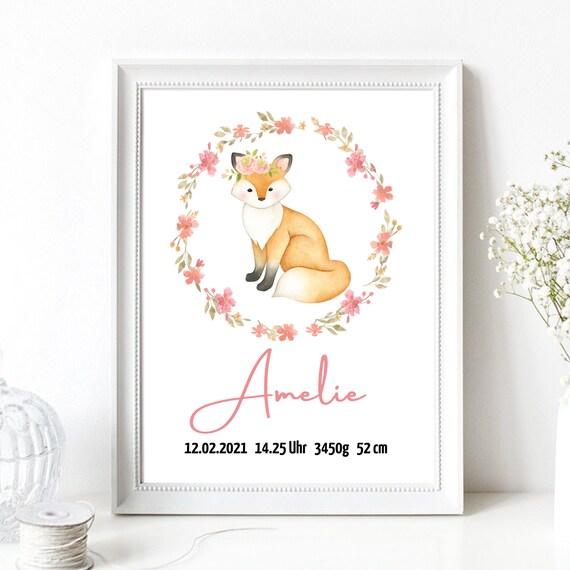 Personalized Baby Birth Poster Fox Flower Wreath Watercolor Nursery Art