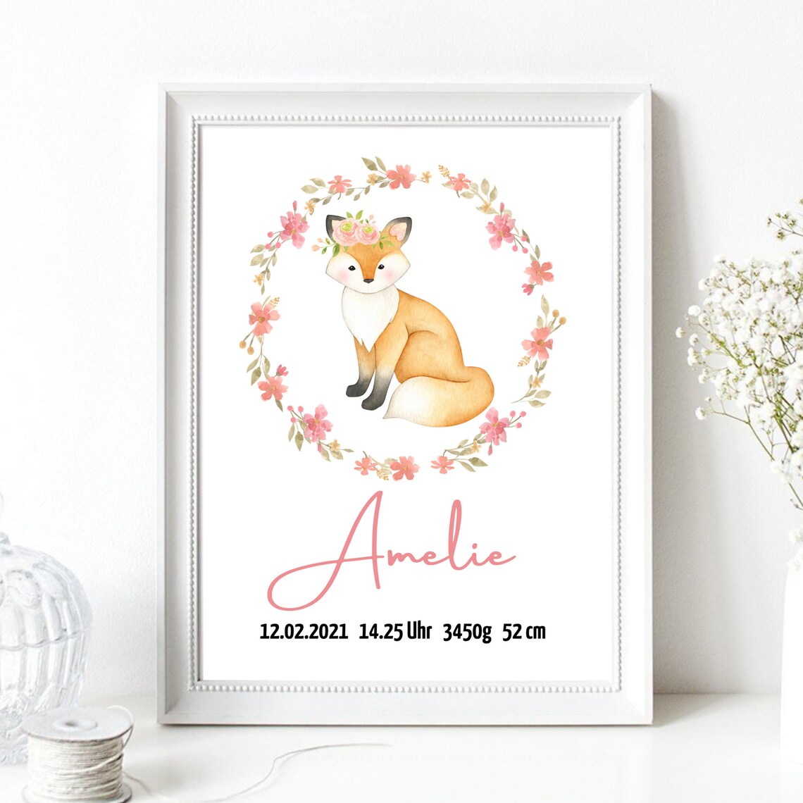 Personalized Baby Birth Poster Fox Flower Wreath Watercolor Nursery Art