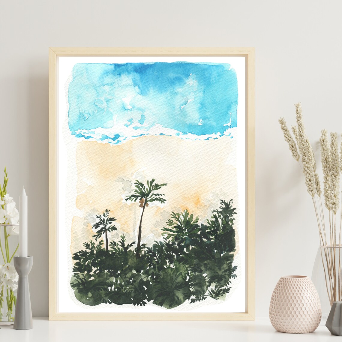 Tropical Palm Beach Watercolor Aerial Summer Ocean Coast Art Poster - Image 3