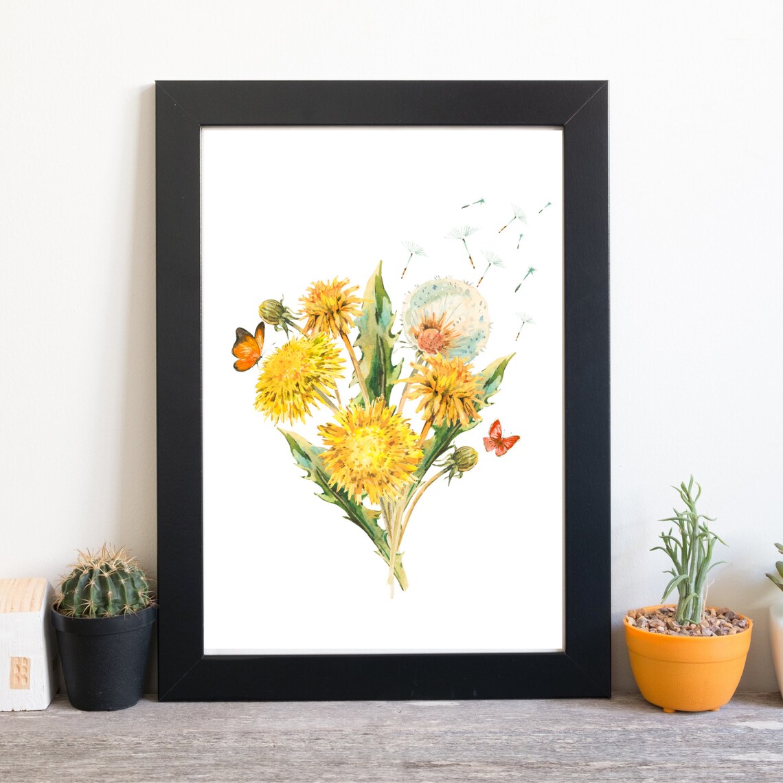 Yellow Dandelion Butterfly Bouquet Watercolor Botanical Wall Art Poster
