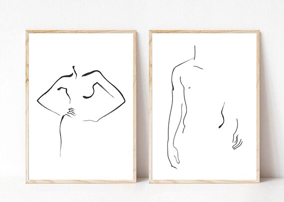 Minimalist Couple Line Drawing Modern Body Figure Wall Art Set