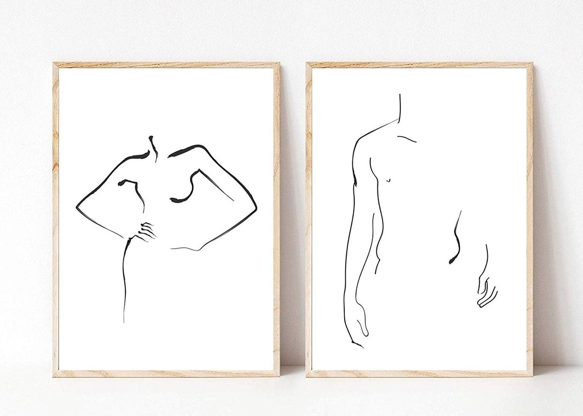 Minimalist Couple Line Drawing Modern Body Figure Wall Art Set