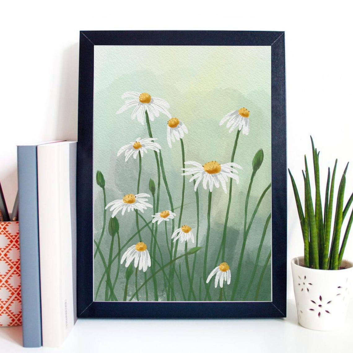 White Daisy Meadow Spring Flowers Watercolor Botanical Wall Art