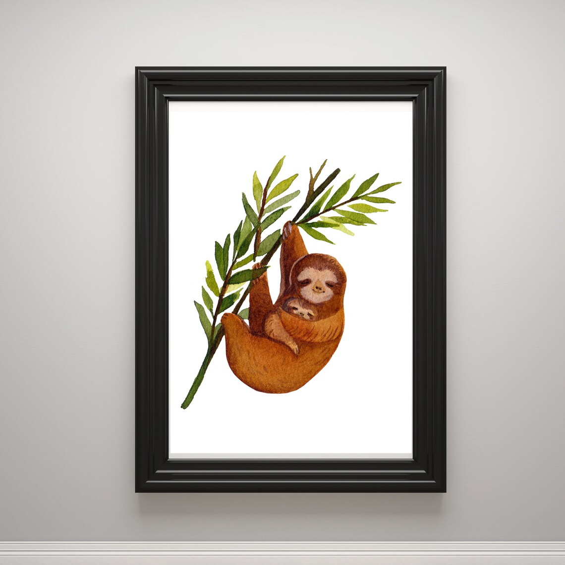 Sloth Mom and Baby Hanging from Green Branch Watercolor Animal Wall Art