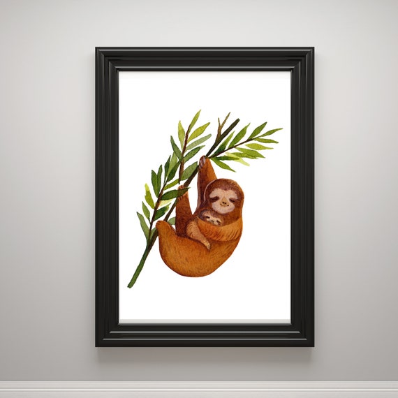 Din A4 Art Print Without Frame Cute Sloth With Baby Nature Watercolor Image Print Poster Image