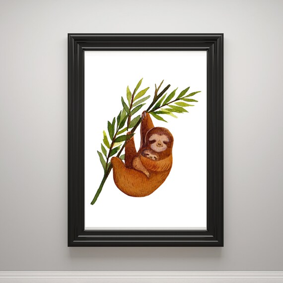 Sloth Mom and Baby Hanging from Green Branch Watercolor Animal Wall Art