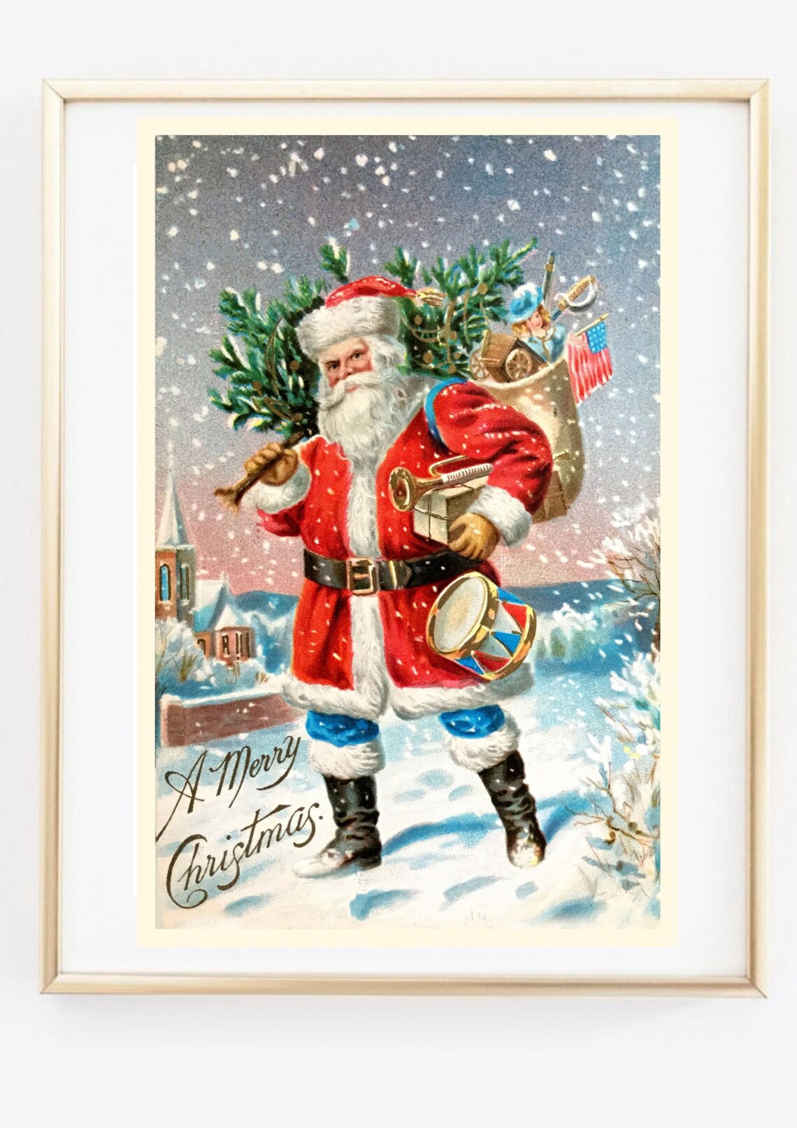 Vintage Santa Claus Snowy Christmas Retro Holiday Merry Wall Art Print - Image 3