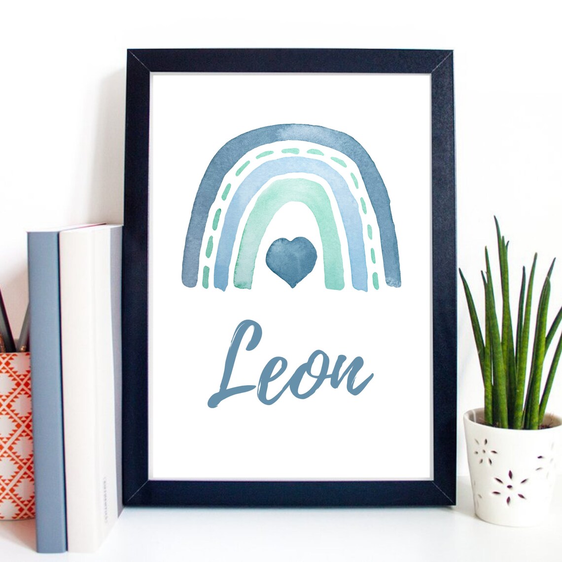 Blue Watercolor Rainbow Heart Personalized Name Kids Room Poster - Image 3
