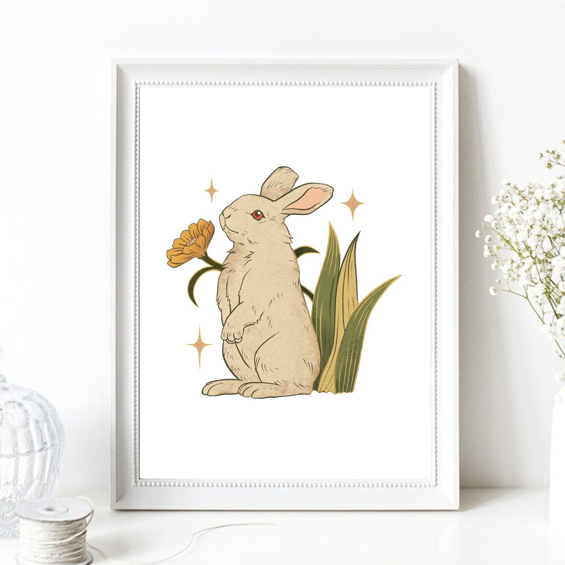 Cute Rabbit Sniffing Orange Flower Vintage Style Animal Art Print