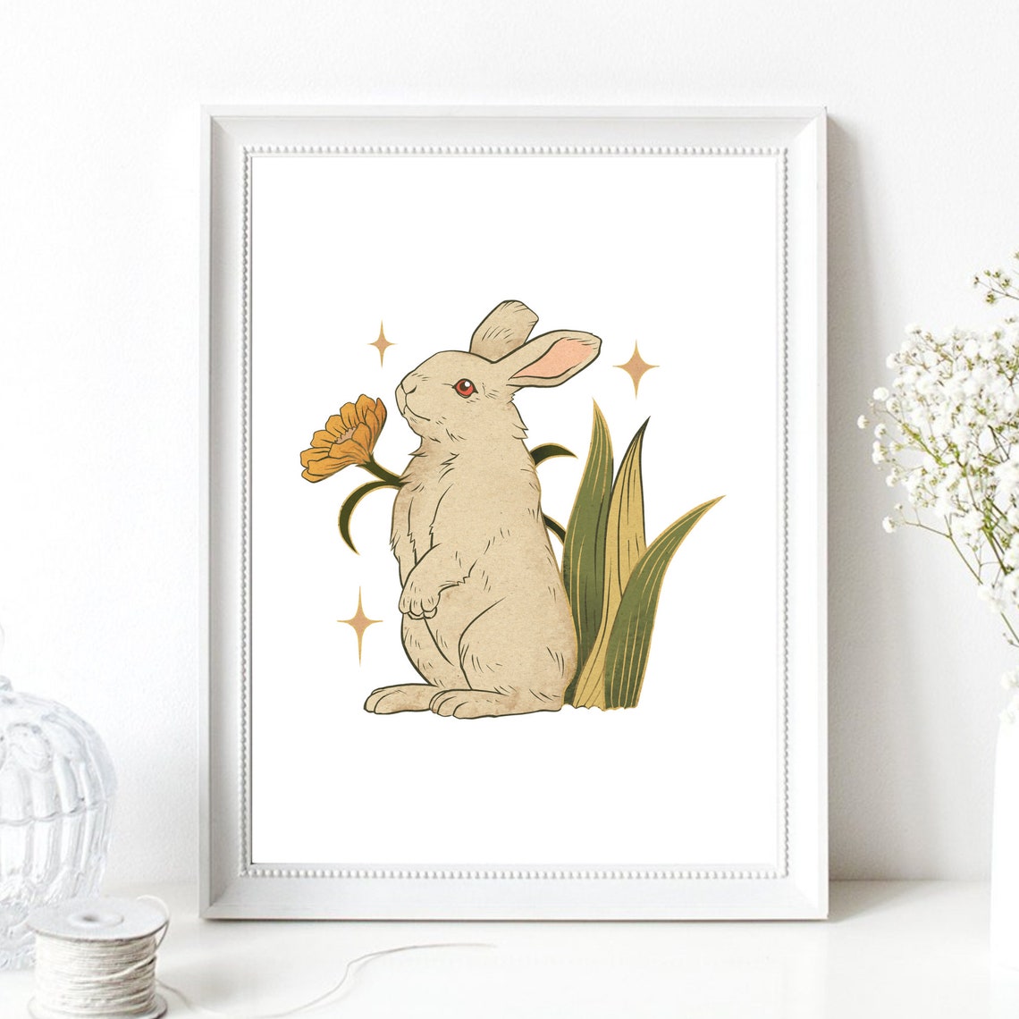 Din A4 Art Print Without Frame Cute Rabbit With Flower Rabbit Bunny Graphic Modern Poster Print