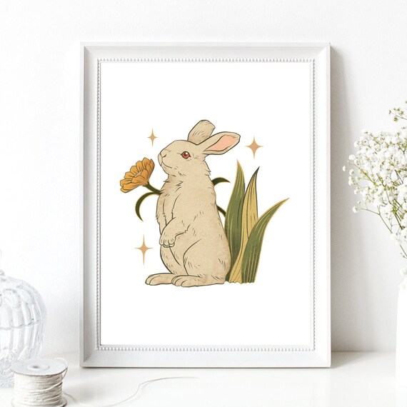 Cute Rabbit Sniffing Orange Flower Vintage Style Animal Art Print